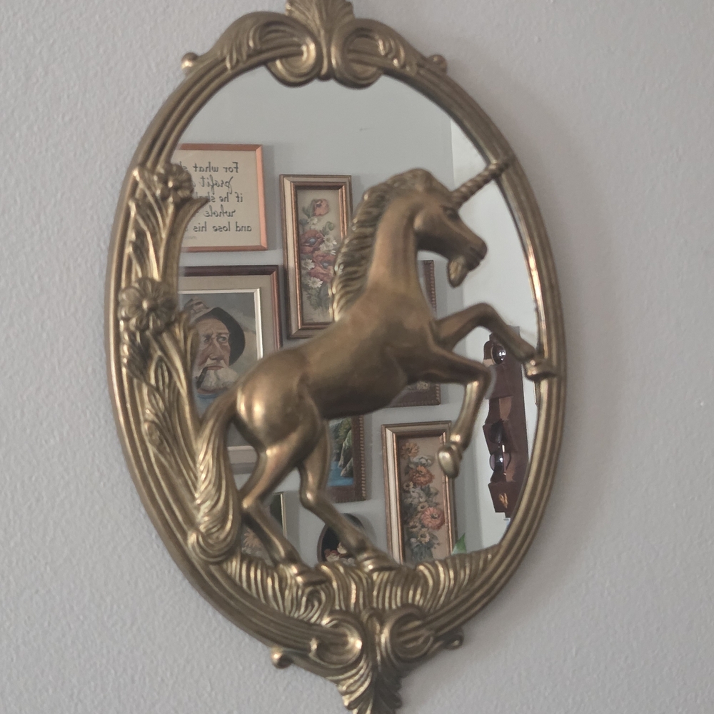 Vintage 1970s Regency Style Ornate Brass Unicorn Mirror